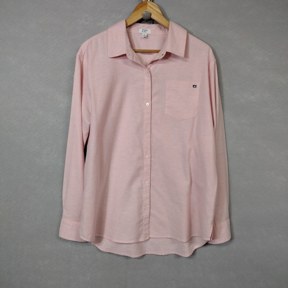 Crown & Ivy Women L Button Up Shirt Pink Long Sleeve Collared Pocket Preppy